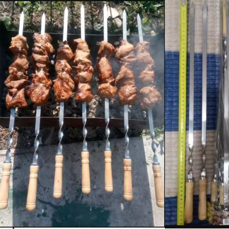 55cm Wood BBQ Fork BBQ Skewers Long Handle Kebab Barbecue Grill Sticks Reusable Stainless steel Outdoor Camping Grill Needle