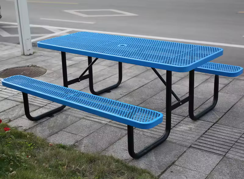 Outdoor 4 ft 6 ft 8 ft Expanded Metal Commercial Picnic Table with Bench Outside Furniture Patio Steel Rectangular Dining Table