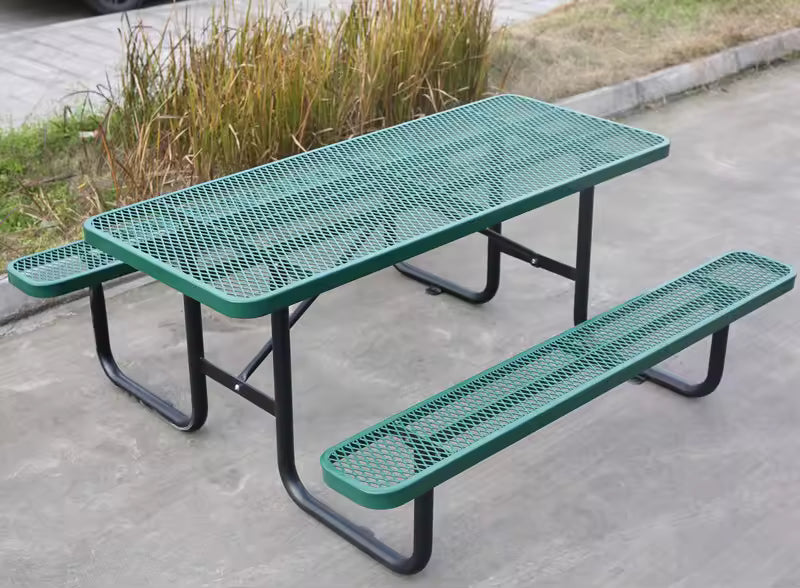 Outdoor 4 ft 6 ft 8 ft Expanded Metal Commercial Picnic Table with Bench Outside Furniture Patio Steel Rectangular Dining Table