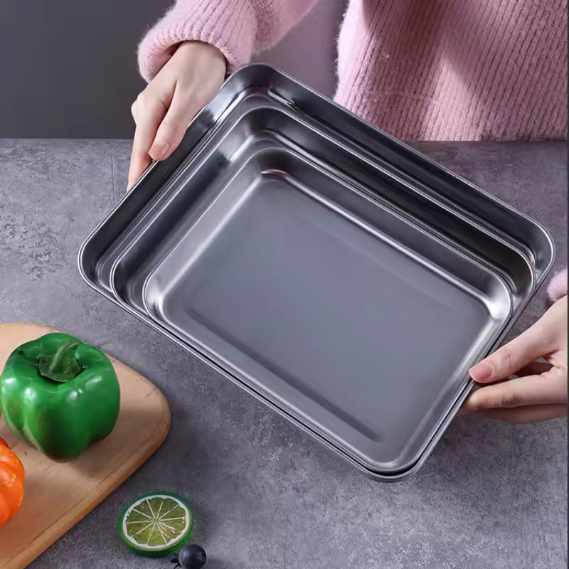 Flat Bottom 430 Stainless Steel Square Plate Oven Safe BBQ Grill Pan Drain Tray Oil Drip Rack Prep Plate for Roasting Grilling