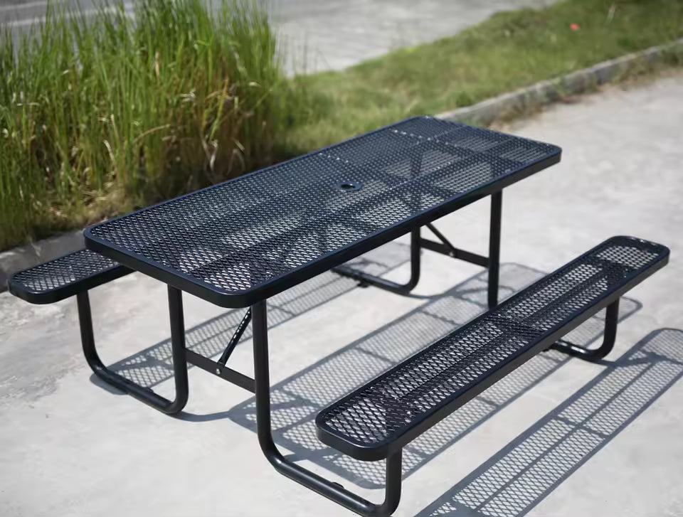Outdoor 4 ft 6 ft 8 ft Expanded Metal Commercial Picnic Table with Bench Outside Furniture Patio Steel Rectangular Dining Table