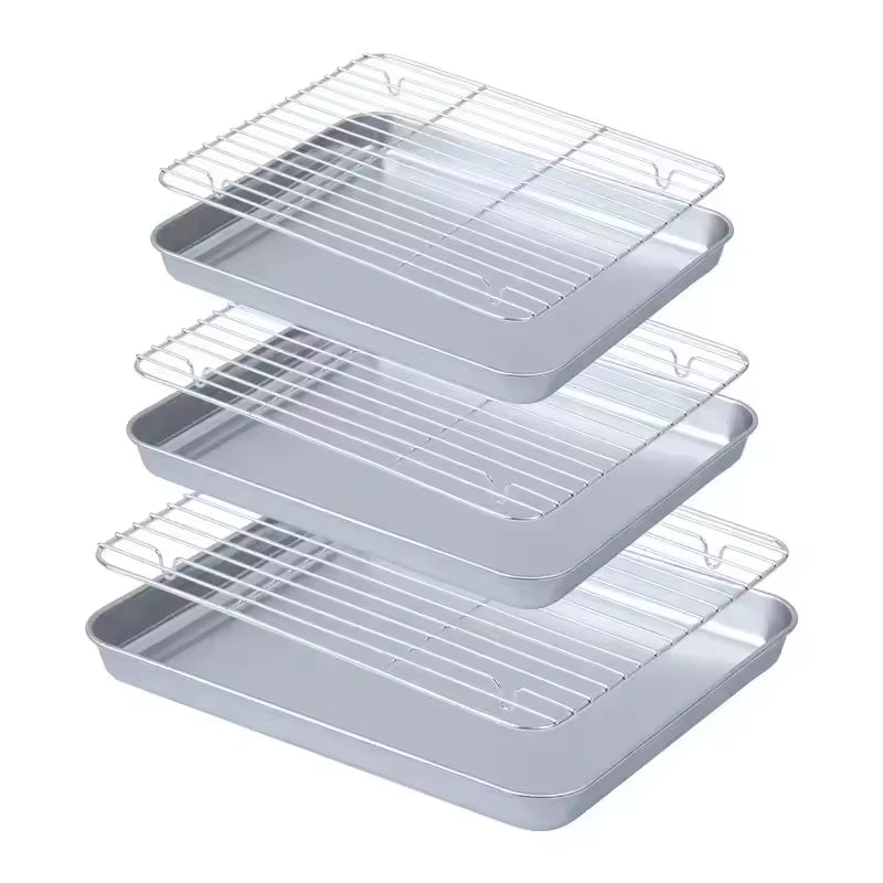 Flat Bottom 430 Stainless Steel Square Plate Oven Safe BBQ Grill Pan Drain Tray Oil Drip Rack Prep Plate for Roasting Grilling